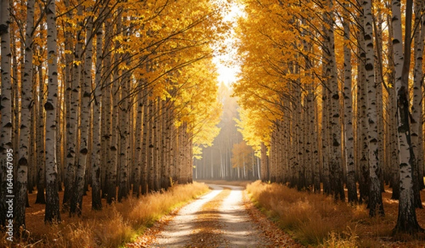 Fototapeta A dirt road in the middle of a grove of aspen trees.