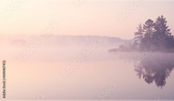 Fototapeta A misty sunrise over a lake with trees in the distance.