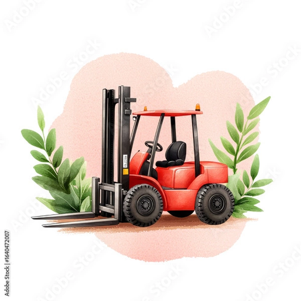Fototapeta Red forklift surrounded by lush greenery