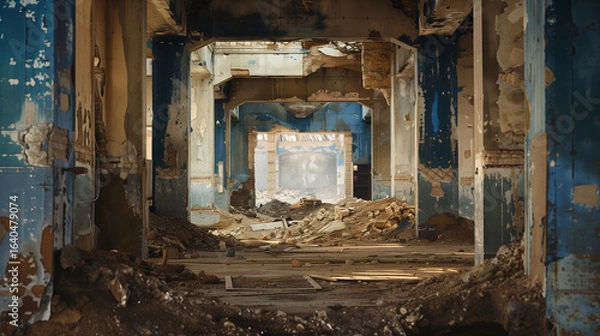 Fototapeta "Demolition site where crumbling walls reveal geometric interiors