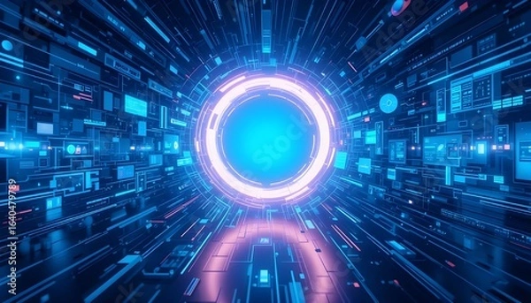 Fototapeta Wide Perspective Blue Background with Futuristic Glowing Circle and Hi-Tech Elements