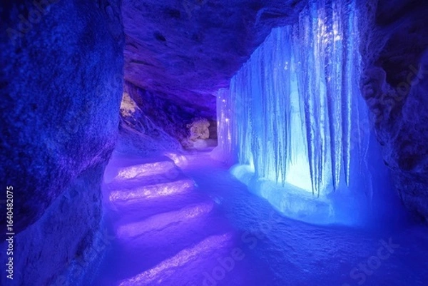 Fototapeta Magical ice cave with frozen icicles and blue light in winter season