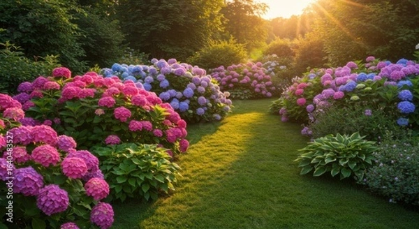 Obraz Hydrangea garden path sunset