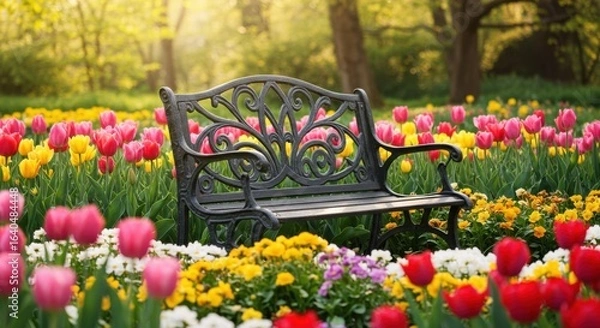 Obraz Park bench in springtime garden