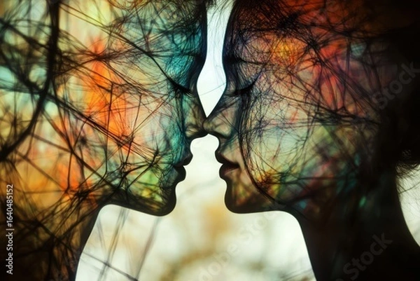 Fototapeta Two faces in love with tree branches, a concept of connection and harmony
