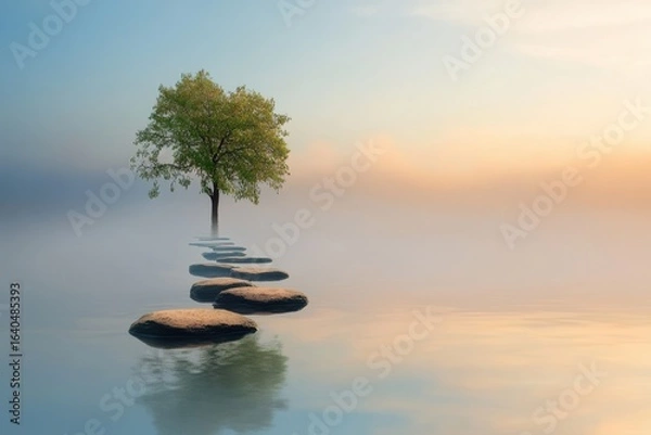 Fototapeta A tree on stepping stones in water, a scene of peace and tranquility