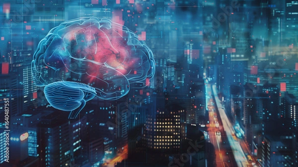 Fototapeta "Brain scan overlay on frenetic cityscape