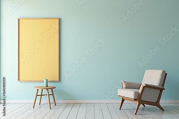Fototapeta Empty room with a mustard yellow framed picture and a light beige armchair.