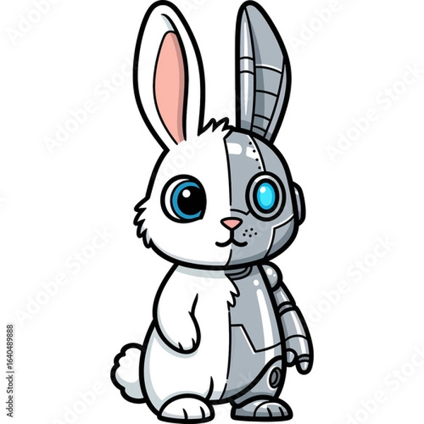 Obraz A cute cartoon illustration of a futuristic cyborg rabbit, half organic and half mechanical robot.