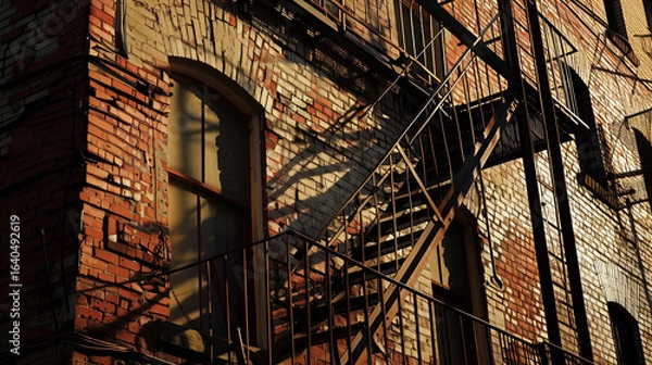 Fototapeta "Fire escape shadows creating order on chaotic brick facade 