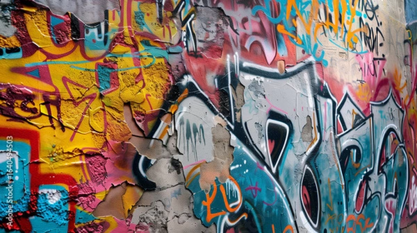 Fototapeta Graffiti-covered wall where tags accidentally create new composition