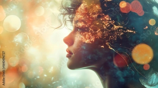 Fototapeta Abstract artistic portrait of a woman with colorful lights.
