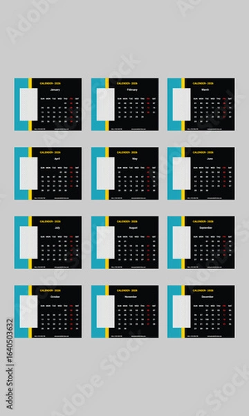 Fototapeta Calendar 2026 Monthly - Minimalism Style Corporative Landscape Horizontal Calendar for 2026 year.