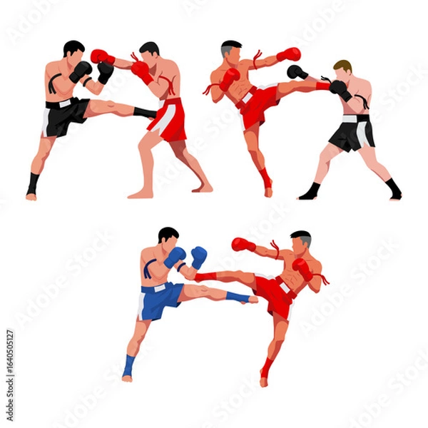 Fototapeta A collection of Muay Thai fighters in various dynamic action poses, showcasing kicks and punches in this powerful vector illustration.