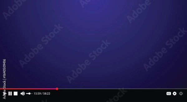 Fototapeta Modern video player interface with controls and progress bar on a blank dark background. Concept for streaming, media, and digital content. Vector EPS10.