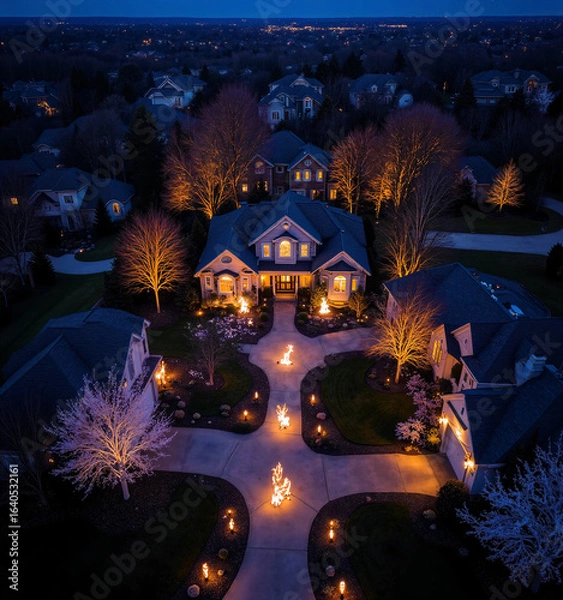 Fototapeta Bird's-eye view of a suburban neighborhood at night, with a mesmerizing pattern of Christmas lights, as houses create a synchronized light show. 