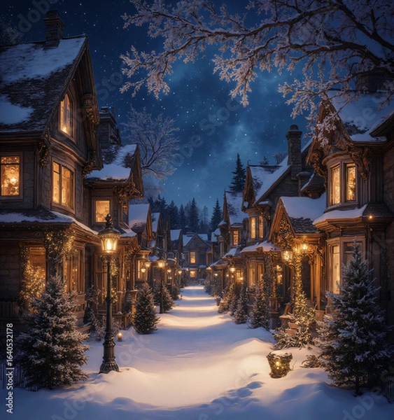 Fototapeta Panoramic street view at dusk, with houses competing for the best decorations, inflatable Christmas characters, multicolored light displays, and smoke rising from chimneys. 