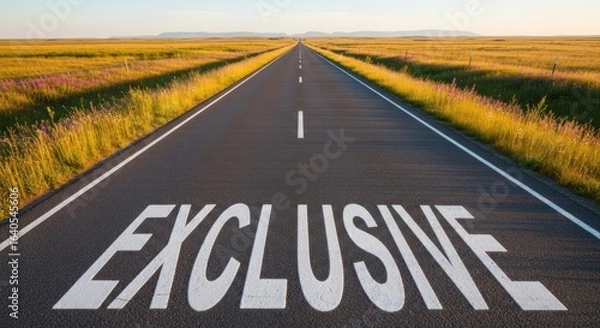 Fototapeta Word exclusive painted a long asphalt road stretching through a scenic landscape, symbolizing a unique journey towards a destination