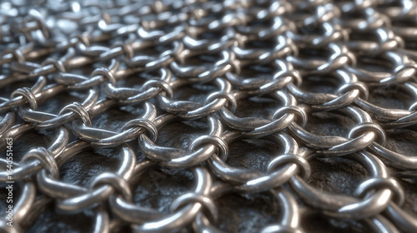 Fototapeta Chainmail texture with interlocking metal rings and reflective surfaces 