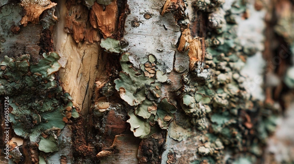 Fototapeta Close-up of tree bark with lichen and peeling layers