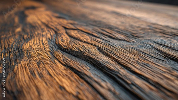 Fototapeta Close-up of weathered oak wood grain with deep grooves and warm amber tones