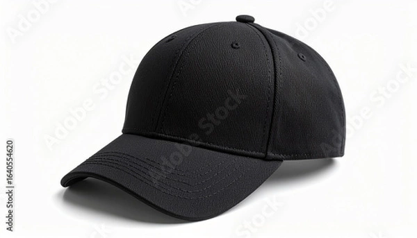 Obraz A black baseball cap with a small white embroidered logo on the front, displayed on a clean white background, soft natural shadows, high-resolution product photography
