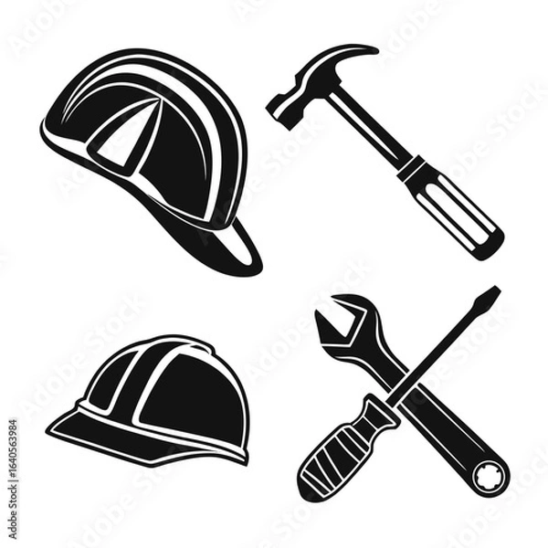 Fototapeta Construction tools and safety helmets isolated on white background