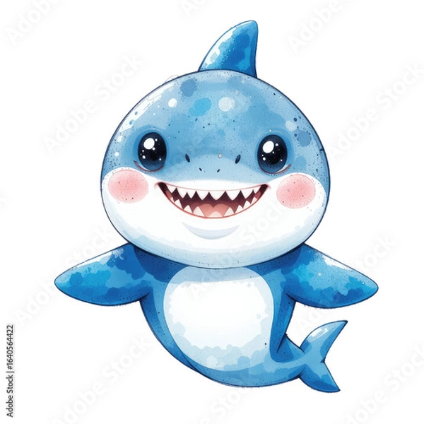 Fototapeta A cute blue shark cartoon character with a big smile swims underwater, isolated on a white background