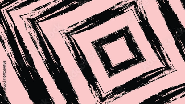Fototapeta Abstract background with concentric squares in black brush strokes on a light pink backdrop design art
