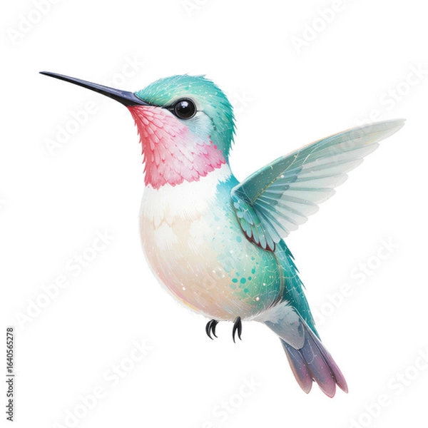 Fototapeta Flying small green hummingbird hovering with a red throated beak