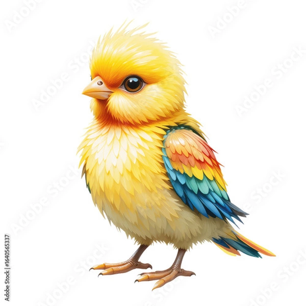 Fototapeta A little, yellow macaw and a bird of paradise are seen isolated on a white studio background