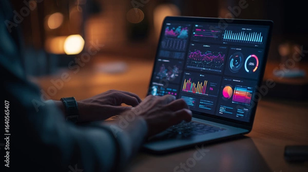 Fototapeta Data analytics and graphs. Analysis of statistical business marketing data. Data scientist using laptop computer to analyze data