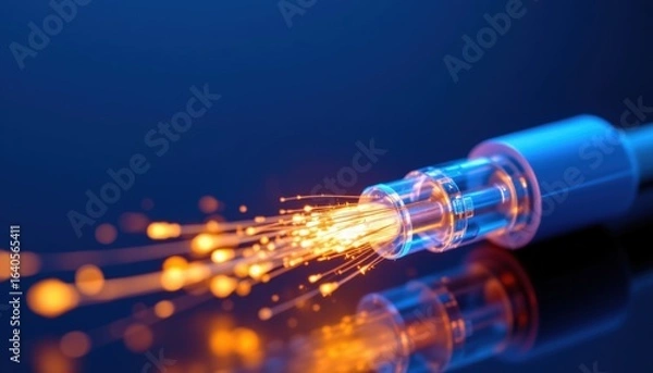 Fototapeta Create a close up image of the end of a fiber optic cable with glowing light effects on a dark blue background