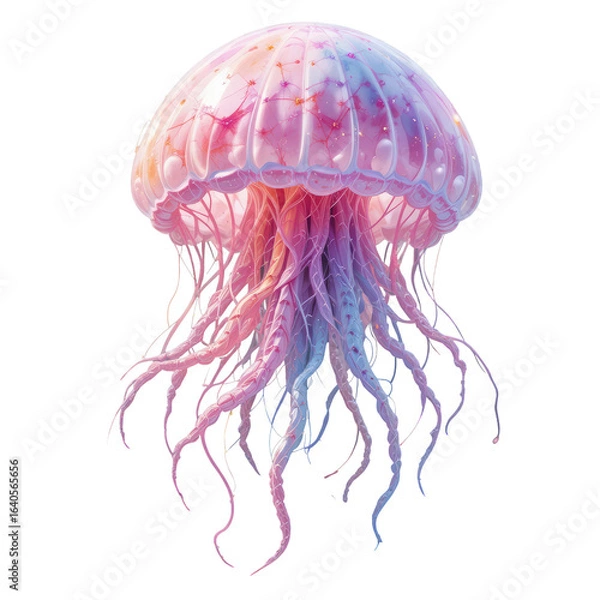 Fototapeta A vibrant jellyfish with flowing, smoke-like tentacles curves around a woman's artistic portrait, creating a unique pattern of color and design