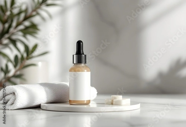 Fototapeta Dropper Bottle with Towel – Minimalist Bathroom Mockup Scene