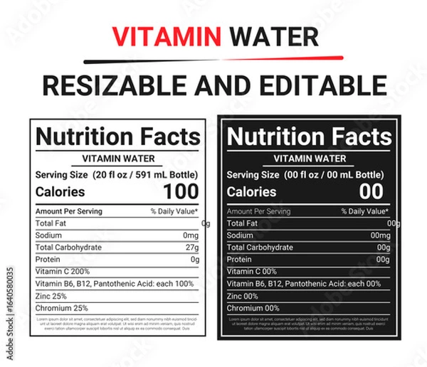Fototapeta Vitamin Water Nutrition Facts Label Template – Resizable and Editable Vector Design