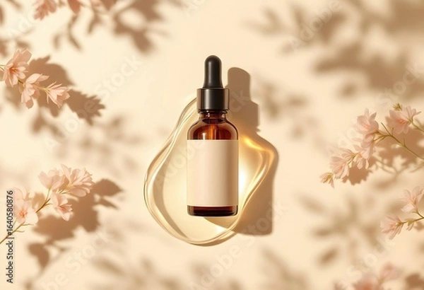 Fototapeta Skincare Essence Bottle with Drop Shadow on Beige Background