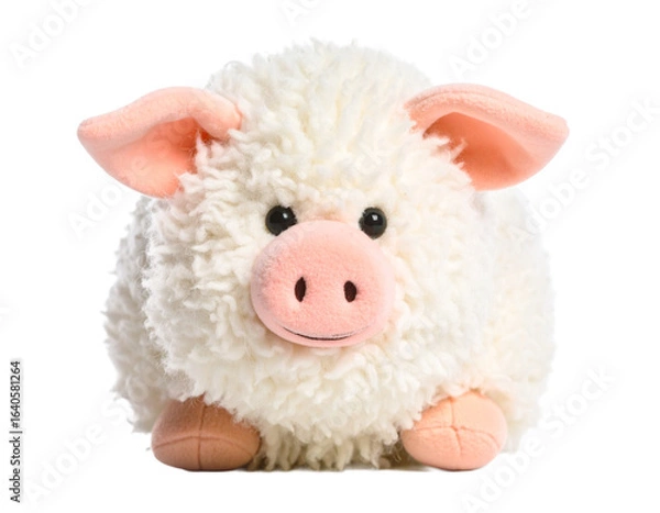 Obraz A small pink plush pig toy with a soft texture and a cute, playful design, isolated on a white background.