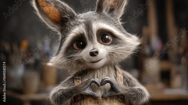 Fototapeta Cute raccoon character forming a heart shape with hands.