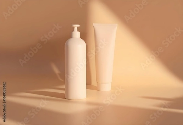 Fototapeta Trio of Matte Cosmetic Bottles on Beige Background