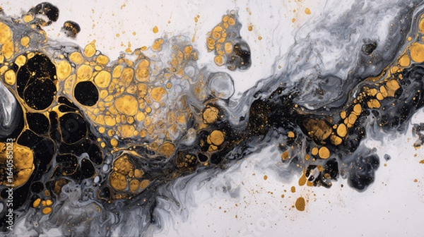 Fototapeta Smoke and ink marbling in black and gold on white paper