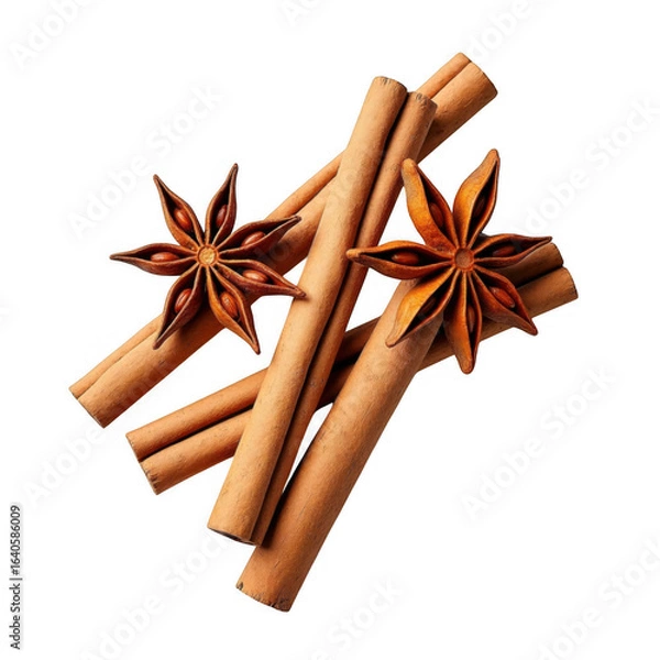 Fototapeta An aromatic still life of cinnamon sticks and star anise spices on a transparent background