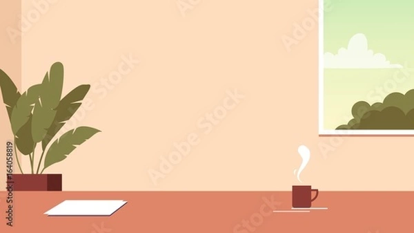 Obraz Digital Vector modern office room. Flat style. Writing desk. Window view. Background for characters, animation, advertise