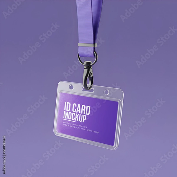 Fototapeta Set of realistic ID card holder mockups with lanyard in various angles and lighting, PSD templates for branding, corporate design, and event pass presentation