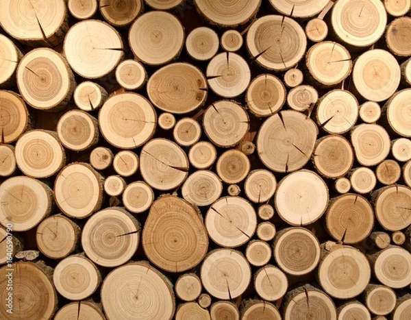 Fototapeta Close-up of stacked wooden logs with natural rings and cracks, showing warm brown tones and rustic texture