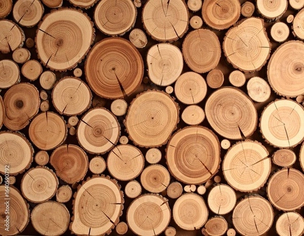 Fototapeta Close-up of stacked wooden logs with natural rings and cracks, showing warm brown tones and rustic texture