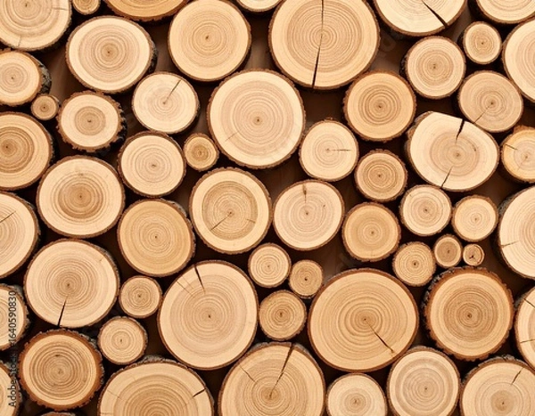Fototapeta Close-up of stacked wooden logs with natural rings and cracks, showing warm brown tones and rustic texture