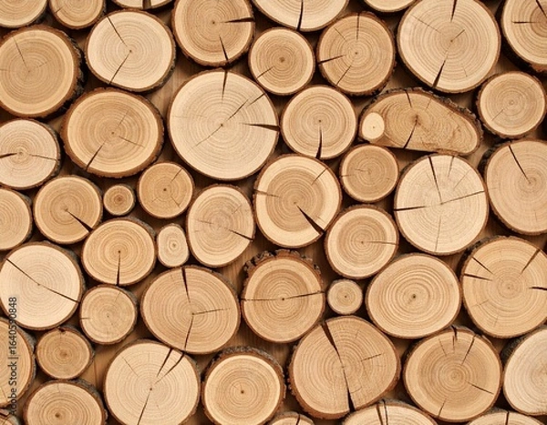 Fototapeta Close-up of stacked wooden logs with natural rings and cracks, showing warm brown tones and rustic texture