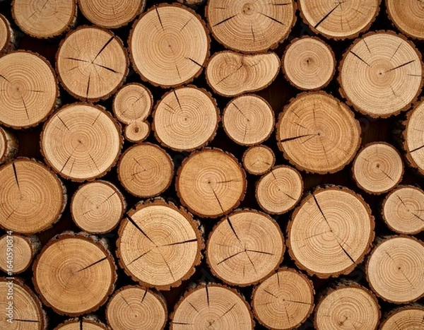 Fototapeta Close-up of stacked wooden logs with natural rings and cracks, showing warm brown tones and rustic texture