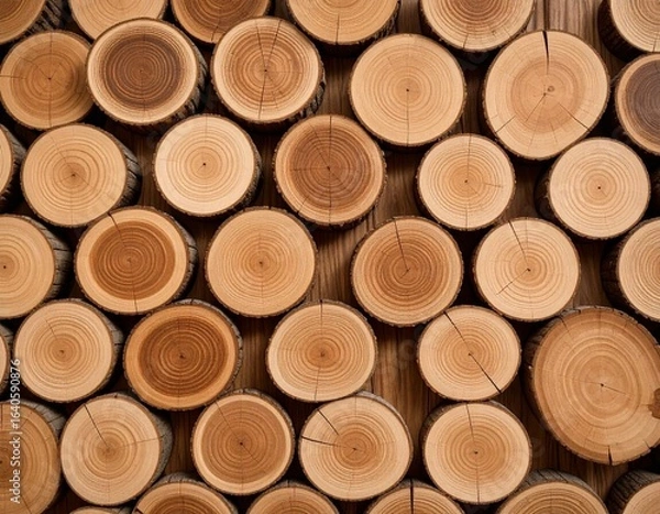 Fototapeta Close-up of stacked wooden logs with natural rings and cracks, showing warm brown tones and rustic texture